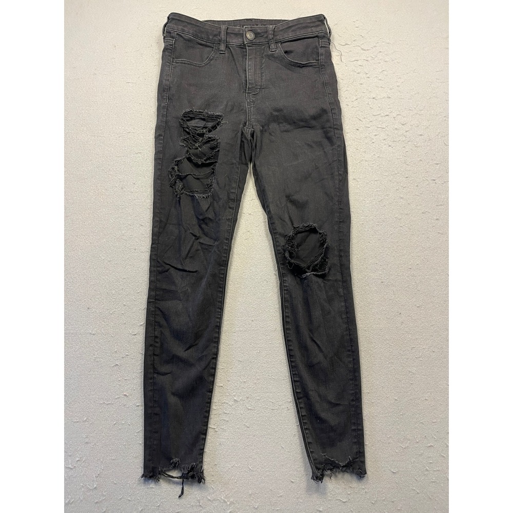 American Eagle Skinny Jeans Cotton Blend Black Distressed 6 W27 Regular Womens